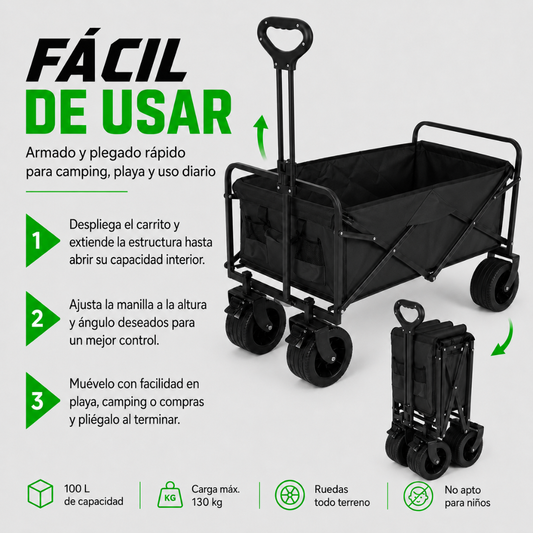 Carrito Plegable Armable Ruedas Gruesas 360° Multiuso Negro