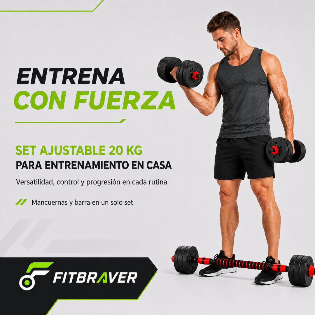 Set Mancuernas Ajustables 20kg Importación con Barra Extensible y Discos Negro