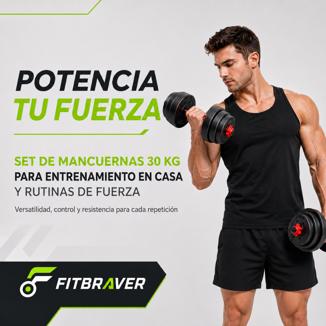 Set De Mancuernas Unibles De 30kg Con Barra De Extension. Color Negro