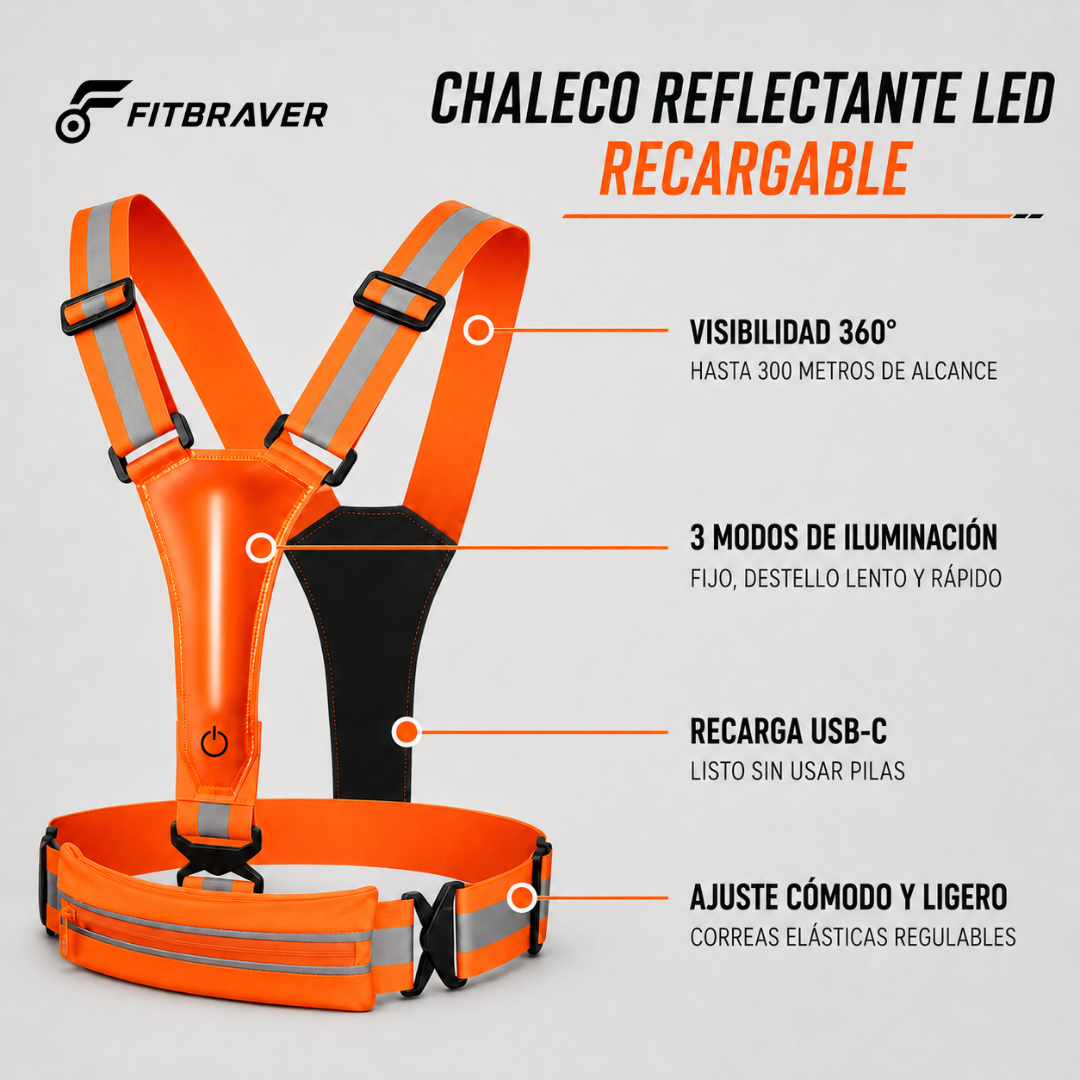 Chaleco Reflectivo Deportivo Luces Recargables Seguridad Naranja