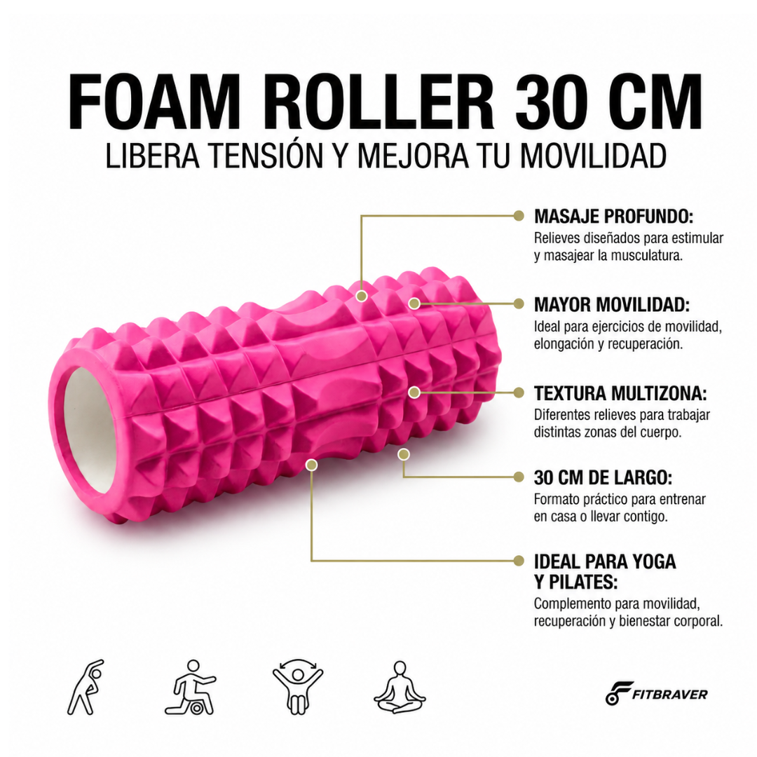 Foam Roller Rodillo Pilates Yoga 30cm Rosado