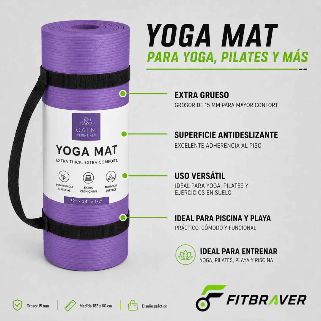 Mat de Yoga 15mm Grueso Colchoneta Pilates Antideslizante NBR Lila