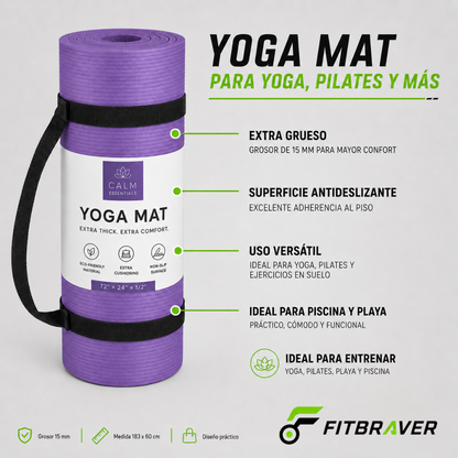 Mat de Yoga 15mm Grueso Colchoneta Pilates Antideslizante NBR Lila