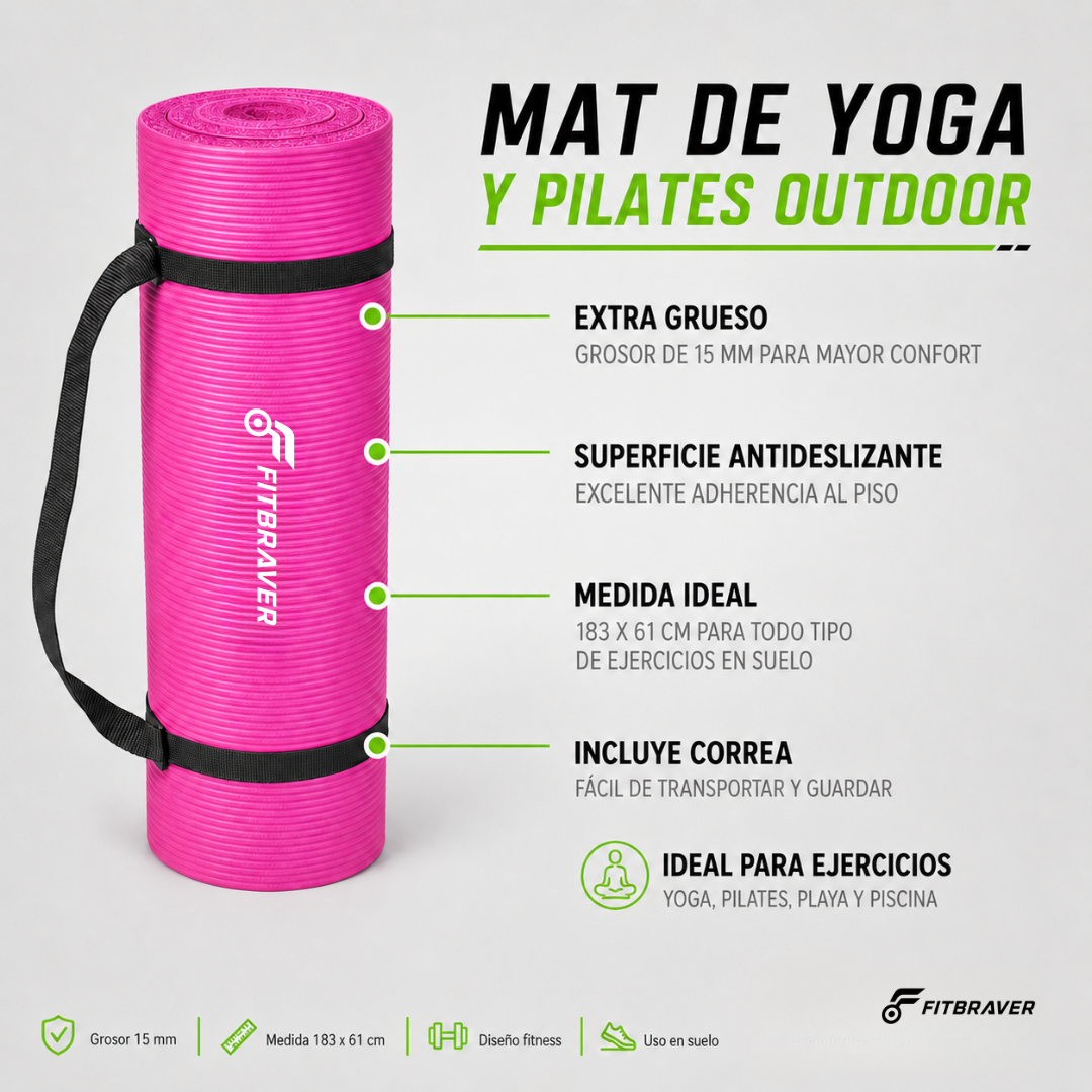 Mat de Yoga 15mm Grueso Colchoneta Pilates Antideslizante NBR Rosa