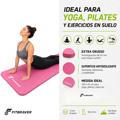 Mat de Yoga 15mm Grueso Colchoneta Pilates Antideslizante NBR Rosa