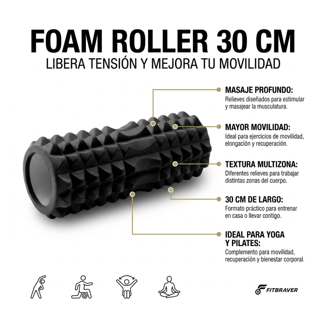 Foam Roller Rodillo Pilates Yoga 30cm Negro