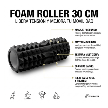 Foam Roller Rodillo Pilates Yoga 30cm Negro