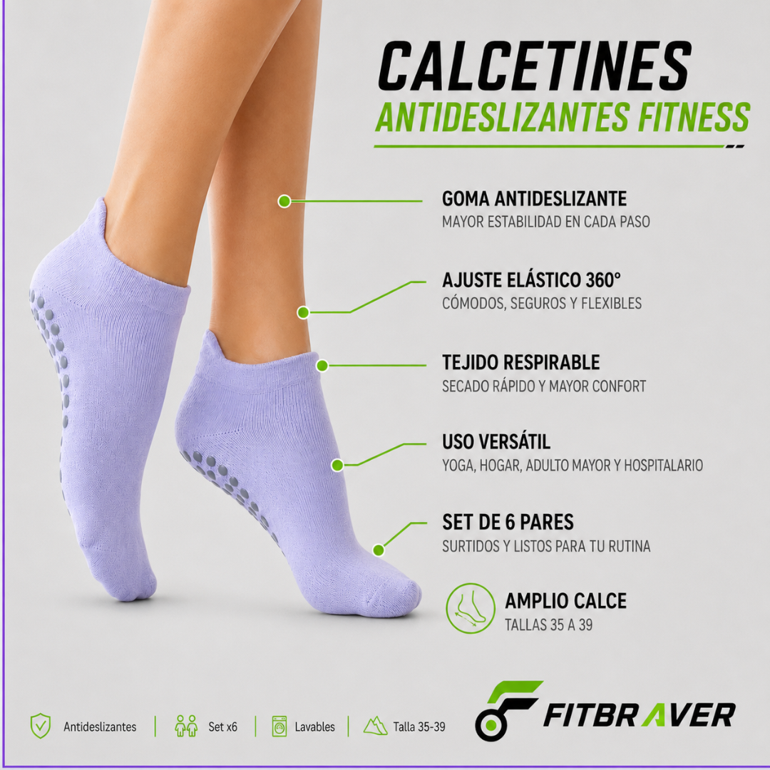 Pack 6 Pares Calcetines Antideslizantes Cortos Al Tobillo Yoga Pilates