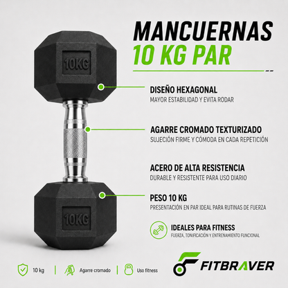 Par de Mancuernas Hexagonales 10kg Acero y Caucho 2 Unidades