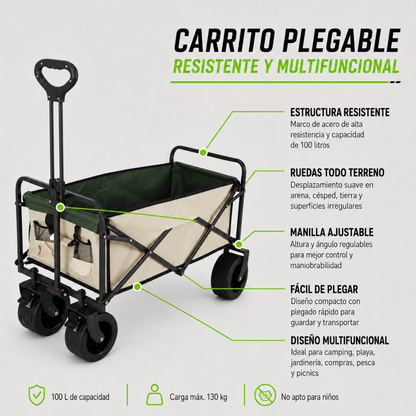 Carrito Plegable Armable Ruedas Gruesas 360° Multiuso Beige Verde