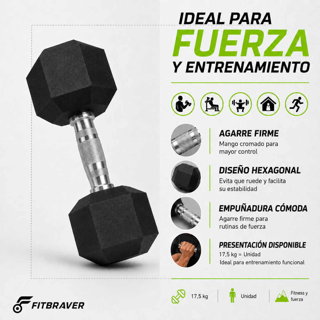 Mancuerna Hexagonal 17,5kg Acero y Caucho 1 Unidad