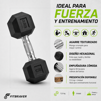 Mancuerna Hexagonal 12.5kg Acero y Caucho 1 Unidad