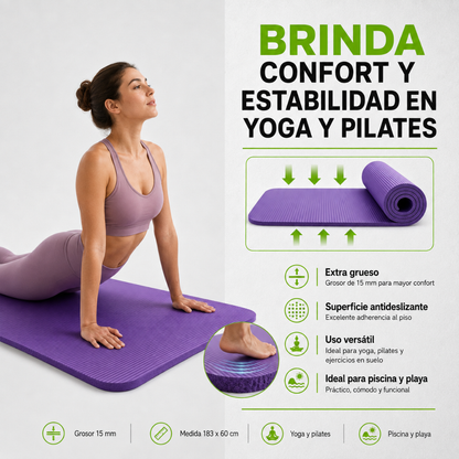Mat de Yoga 15mm Grueso Colchoneta Pilates Antideslizante NBR Lila