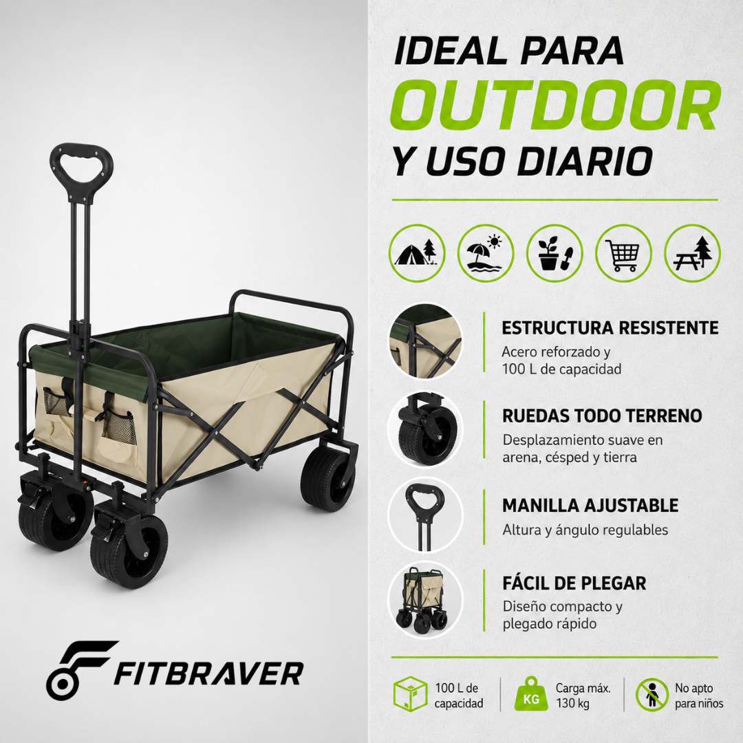Carrito Plegable Armable Ruedas Gruesas 360° Multiuso Beige Verde