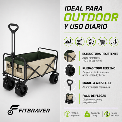 Carrito Plegable Armable Ruedas Gruesas 360° Multiuso Beige Verde