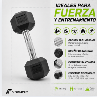 Par de Mancuernas Hexagonales 7.5kg Acero y Caucho 2 Unidades