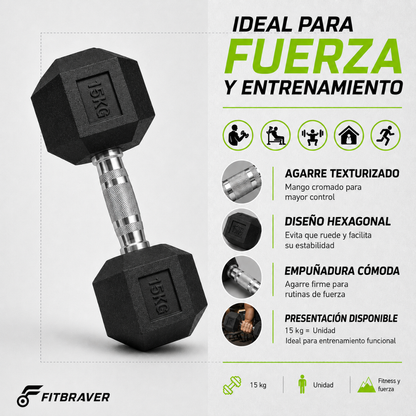 Mancuerna Hexagonal 15kg Acero y Caucho 1 Unidad