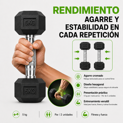 Par de Mancuernas Hexagonales 5kg Acero y Caucho 2 Unidades