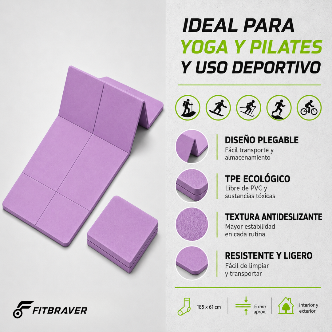 Mat De Yoga Plegable Abdominales Antideslizante 183x60x0.5 Morado