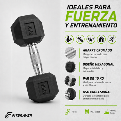 Par de Mancuernas Hexagonales 10kg Acero y Caucho 2 Unidades