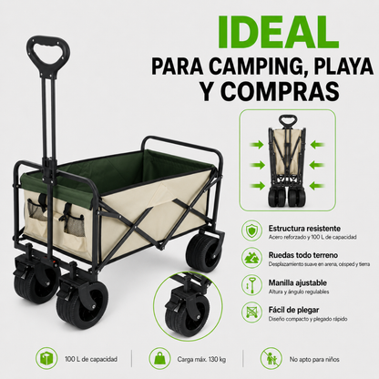 Carrito Plegable Armable Ruedas Gruesas 360° Multiuso Beige Verde