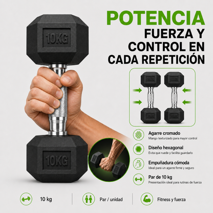 Par de Mancuernas Hexagonales 10kg Acero y Caucho 2 Unidades