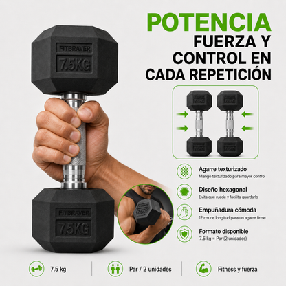 Par de Mancuernas Hexagonales 7.5kg Acero y Caucho 2 Unidades