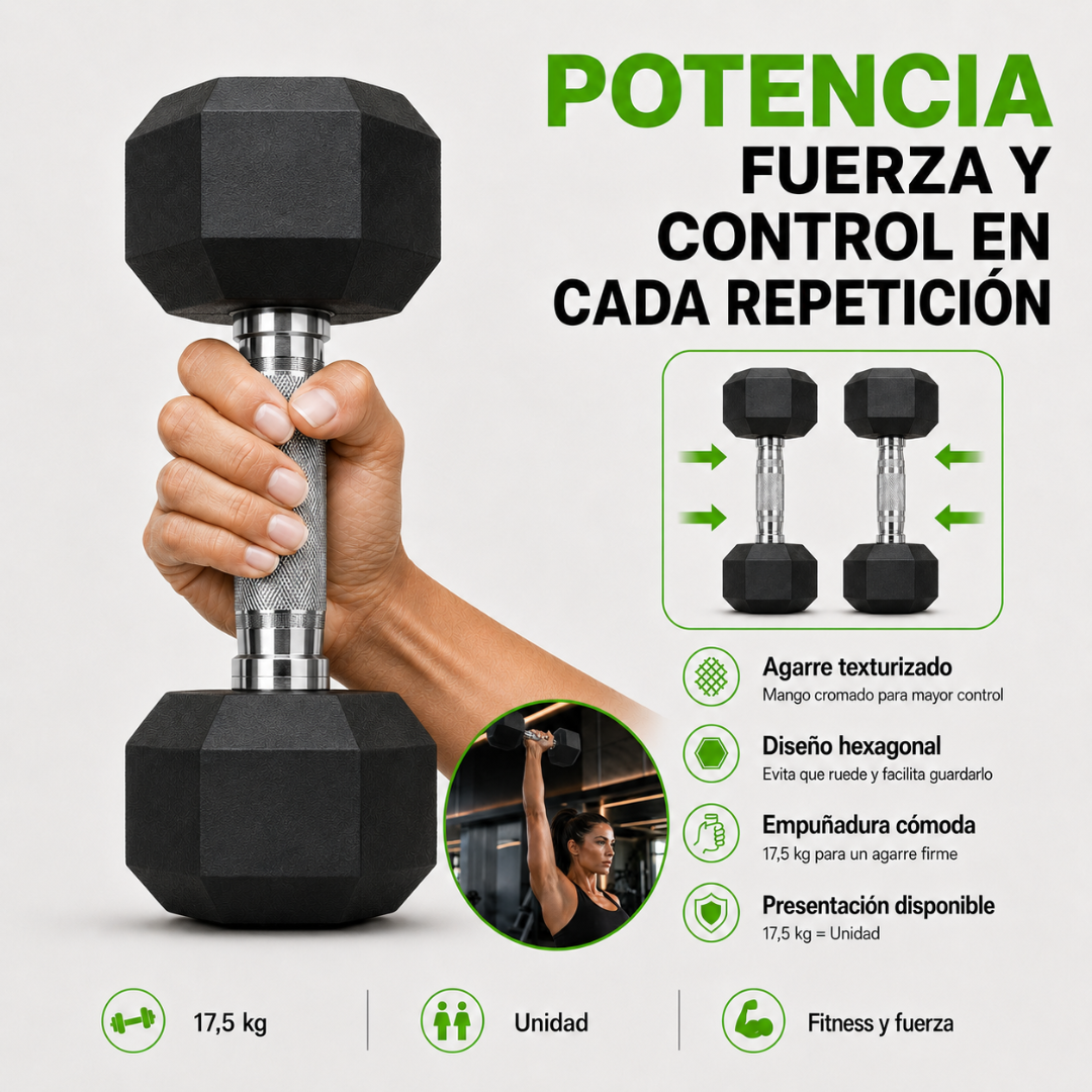 Mancuerna Hexagonal 17,5kg Acero y Caucho 1 Unidad