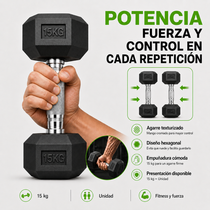 Mancuerna Hexagonal 15kg Acero y Caucho 1 Unidad