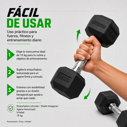 Mancuerna Hexagonal 15kg Acero y Caucho 1 Unidad