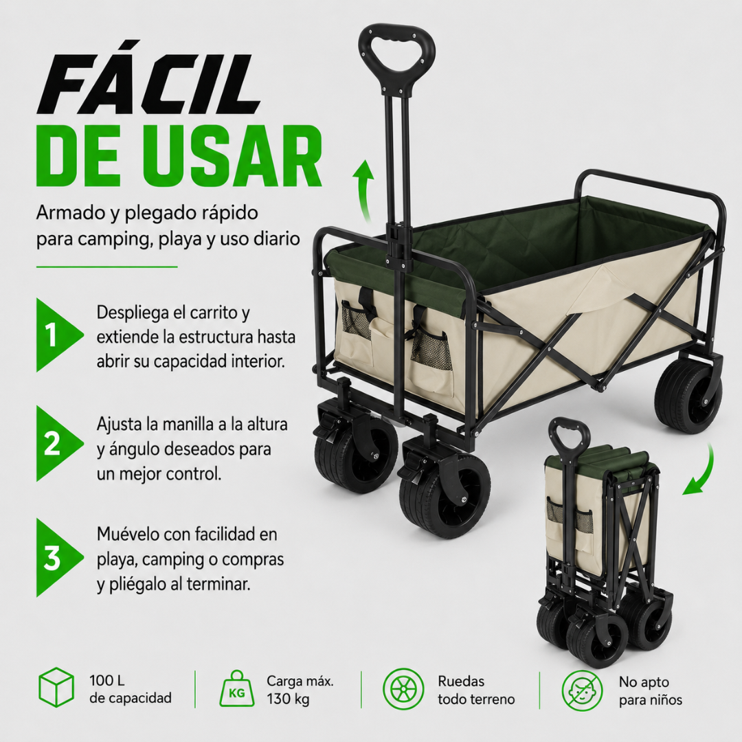 Carrito Plegable Armable Ruedas Gruesas 360° Multiuso Beige Verde