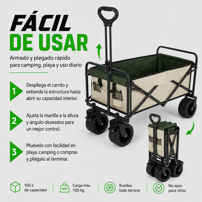 Carrito Plegable Armable Ruedas Gruesas 360° Multiuso Beige Verde
