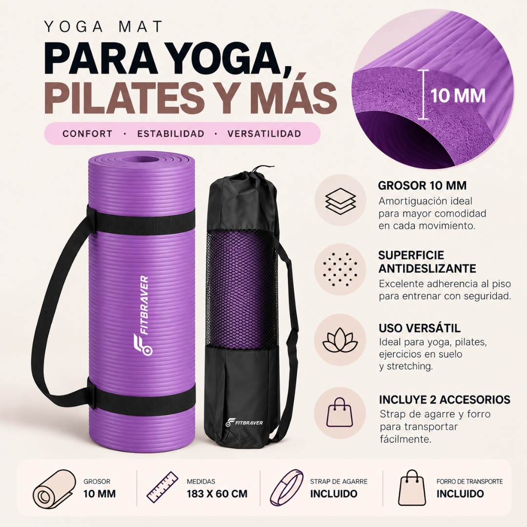 Mat de Yoga 10mm Grueso Colchoneta Pilates Antideslizante NBR Lila