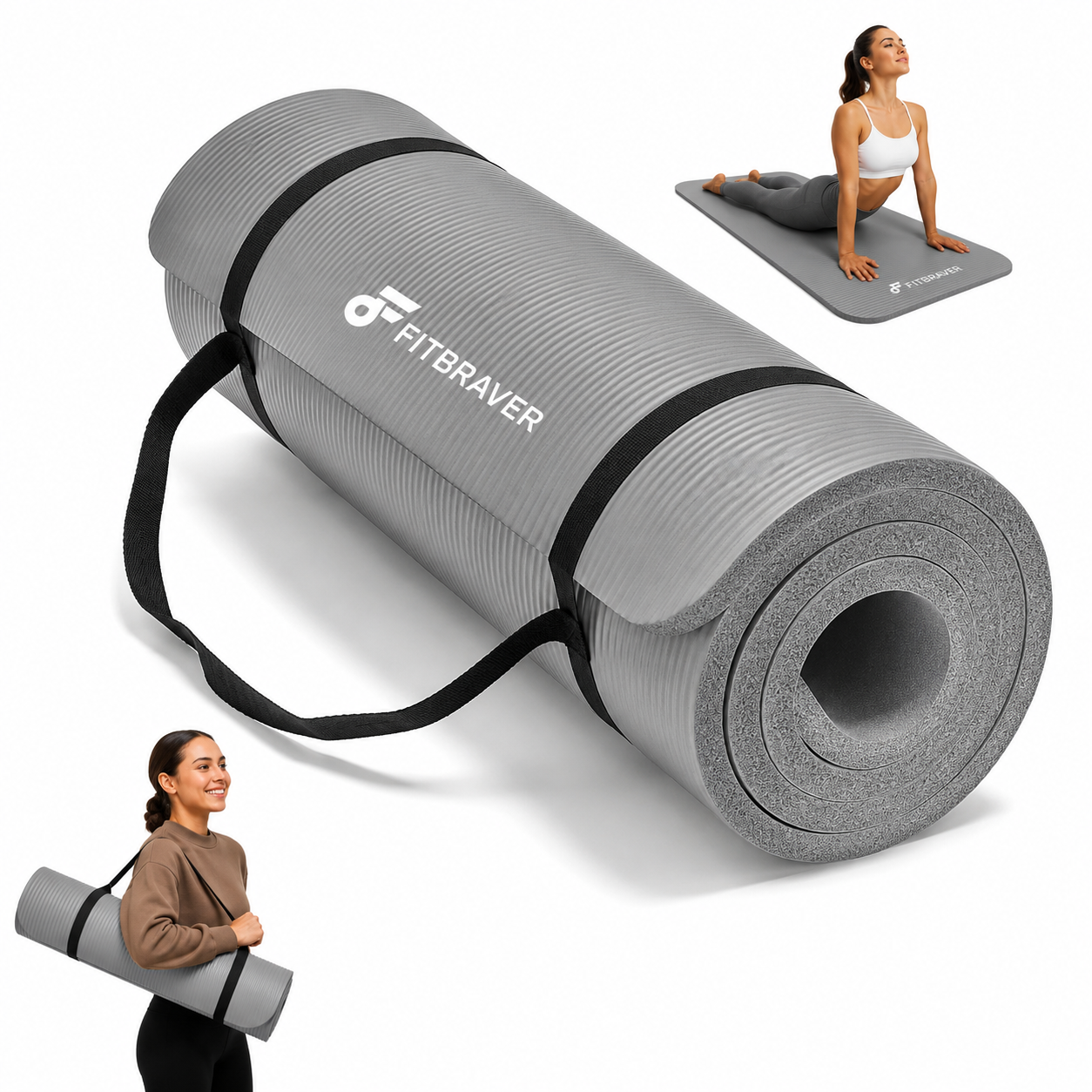 Mat de Yoga 15mm Grueso Colchoneta Pilates Antideslizante NBR Gris