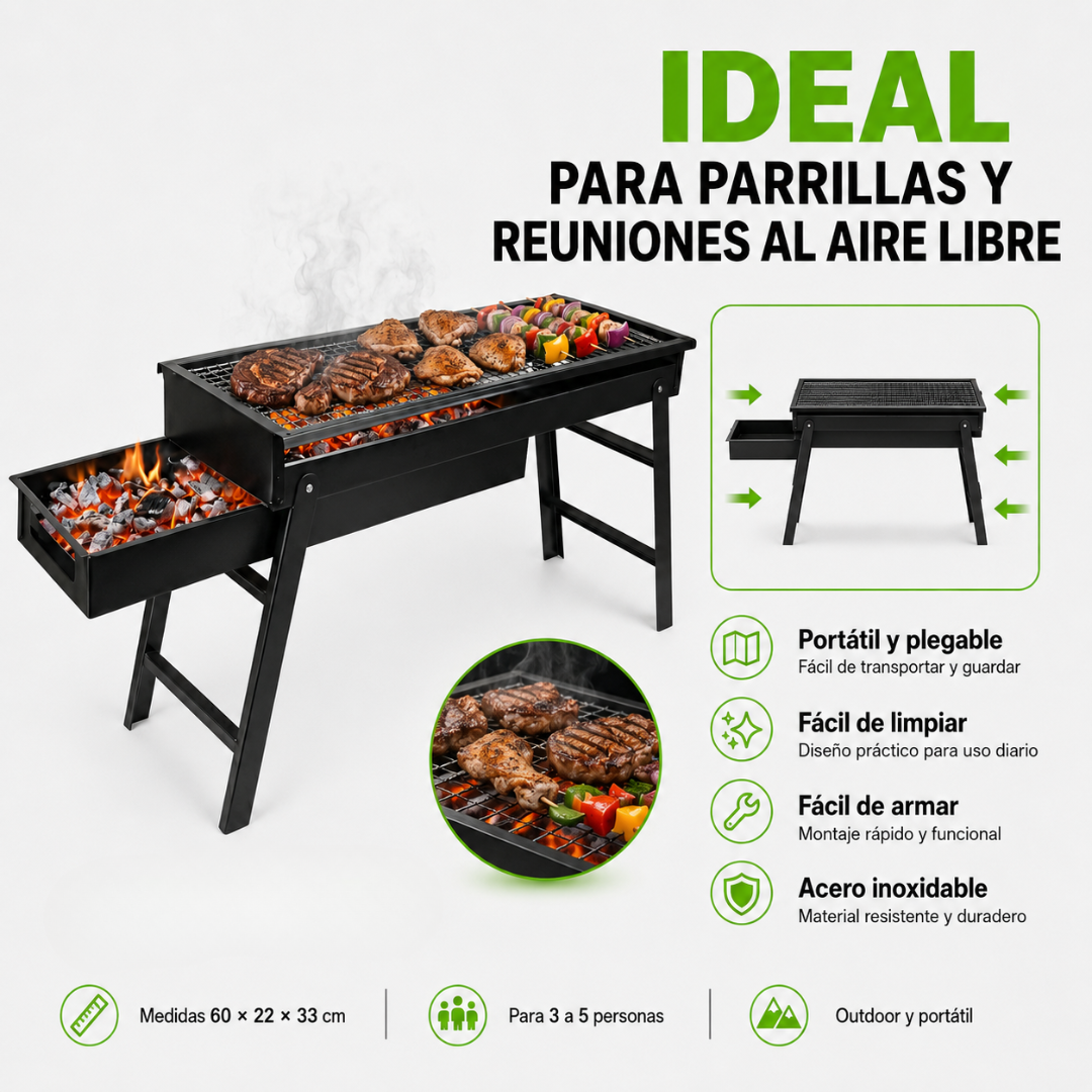 Parrilla Parrillera Para Asado Plegable Portatil Xl 60x22x33