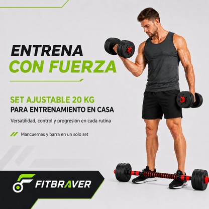 Set Mancuernas Ajustables 20kg Importación con Barra Extensible y Discos Negro