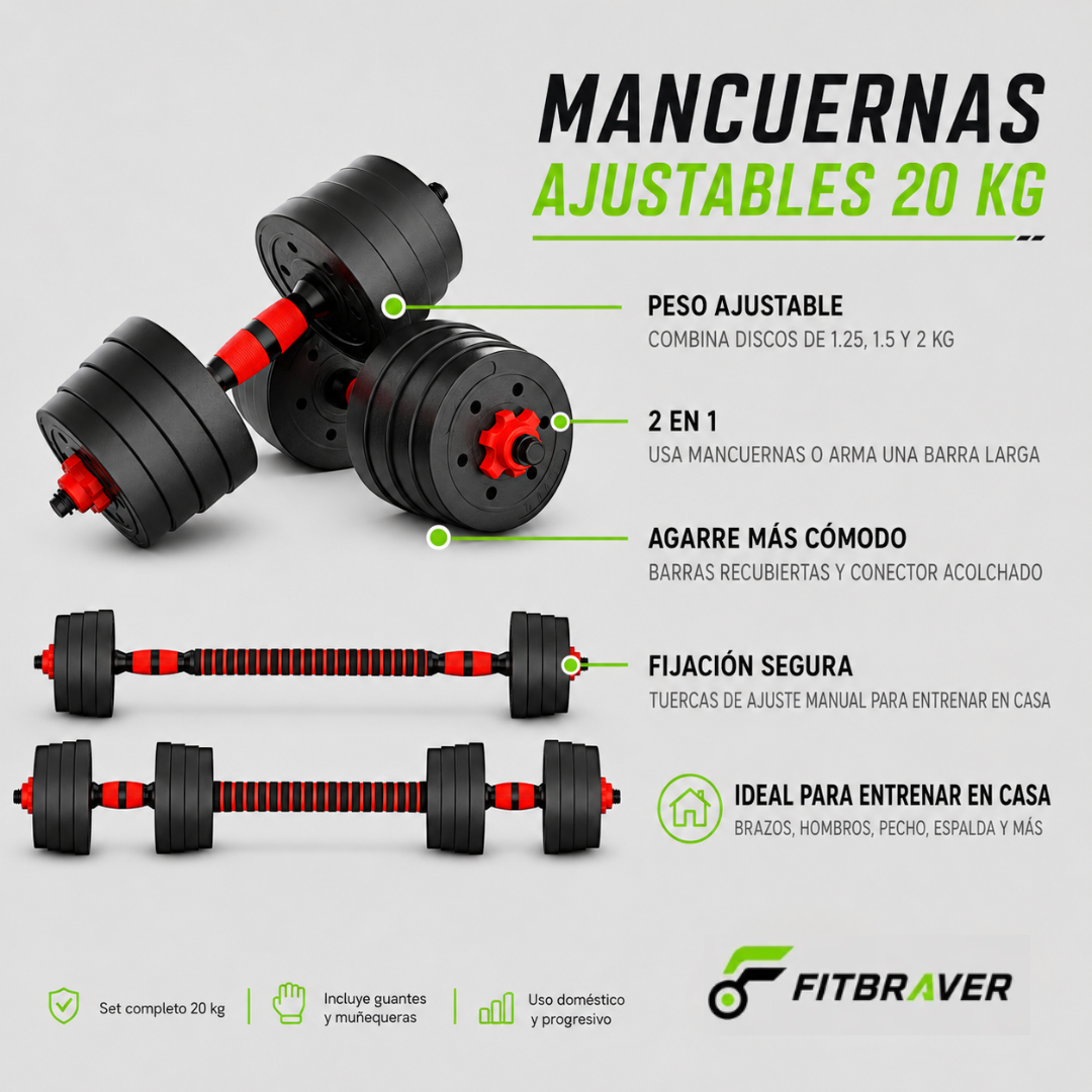 Set Mancuernas Ajustables 20kg Importación con Barra Extensible y Discos Negro