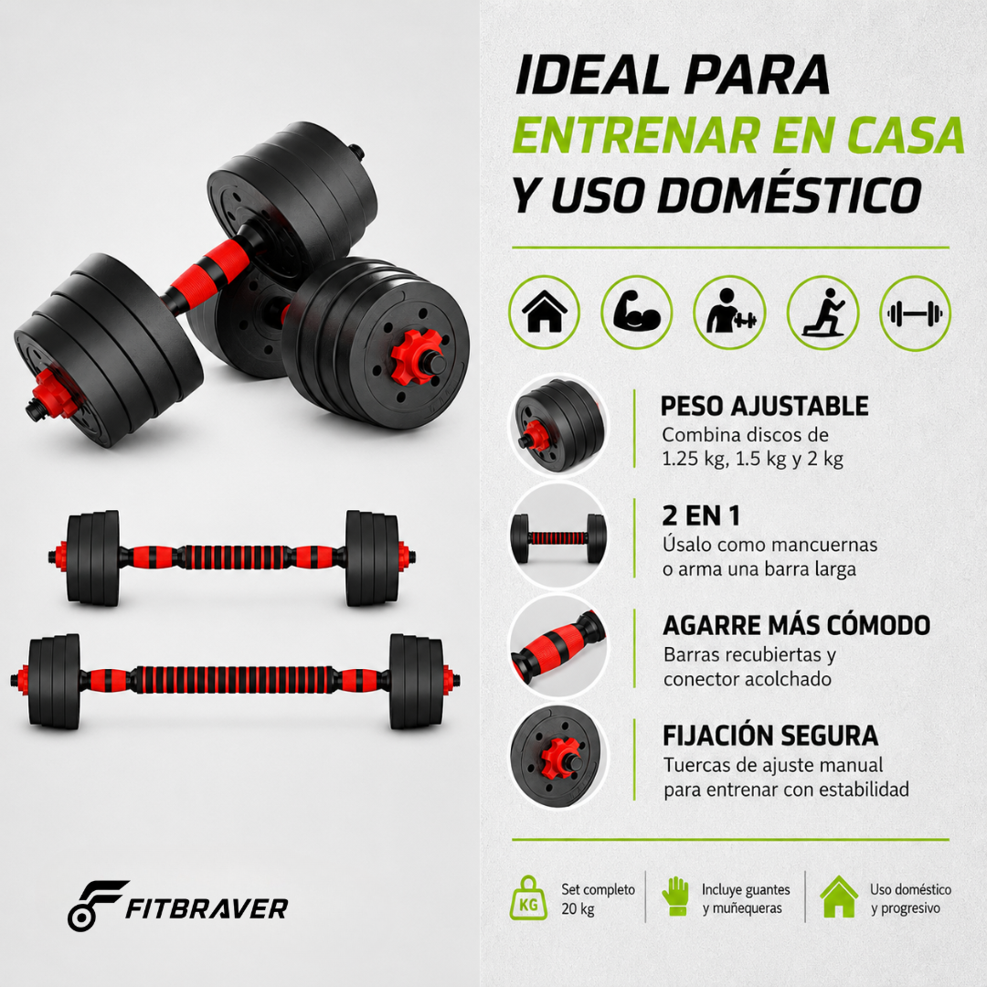 Set Mancuernas Ajustables 20kg Importación con Barra Extensible y Discos Negro
