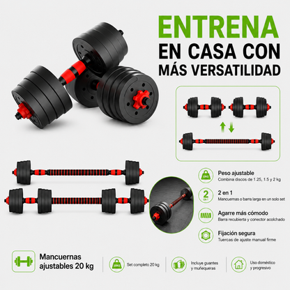 Set Mancuernas Ajustables 20kg Importación con Barra Extensible y Discos Negro