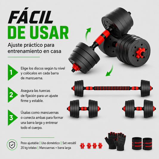 Set Mancuernas Ajustables 20kg Importación con Barra Extensible y Discos Negro