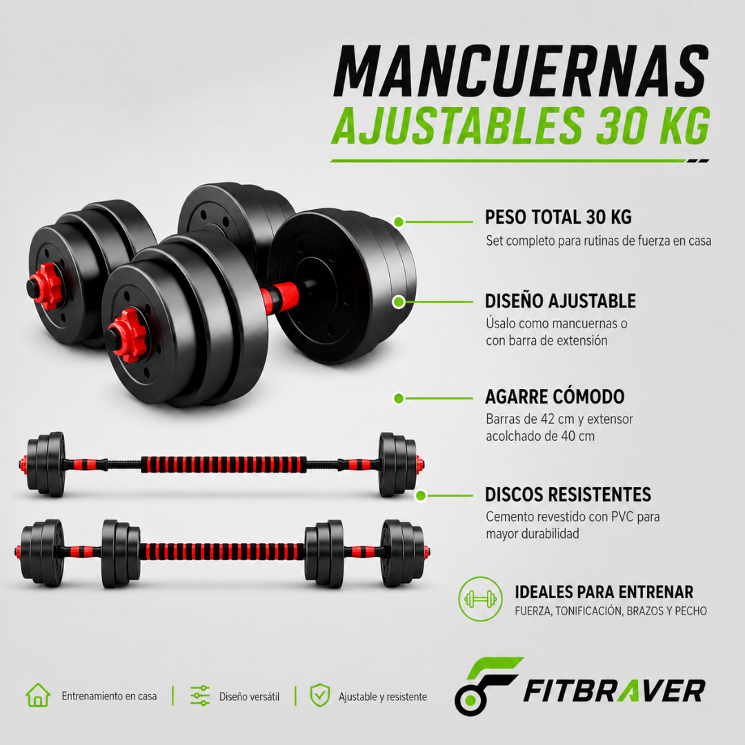 Set De Mancuernas Unibles De 30kg Con Barra De Extension. Color Negro