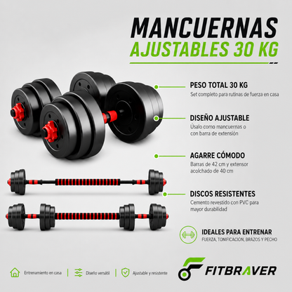 Set De Mancuernas Unibles De 30kg Con Barra De Extension. Color Negro