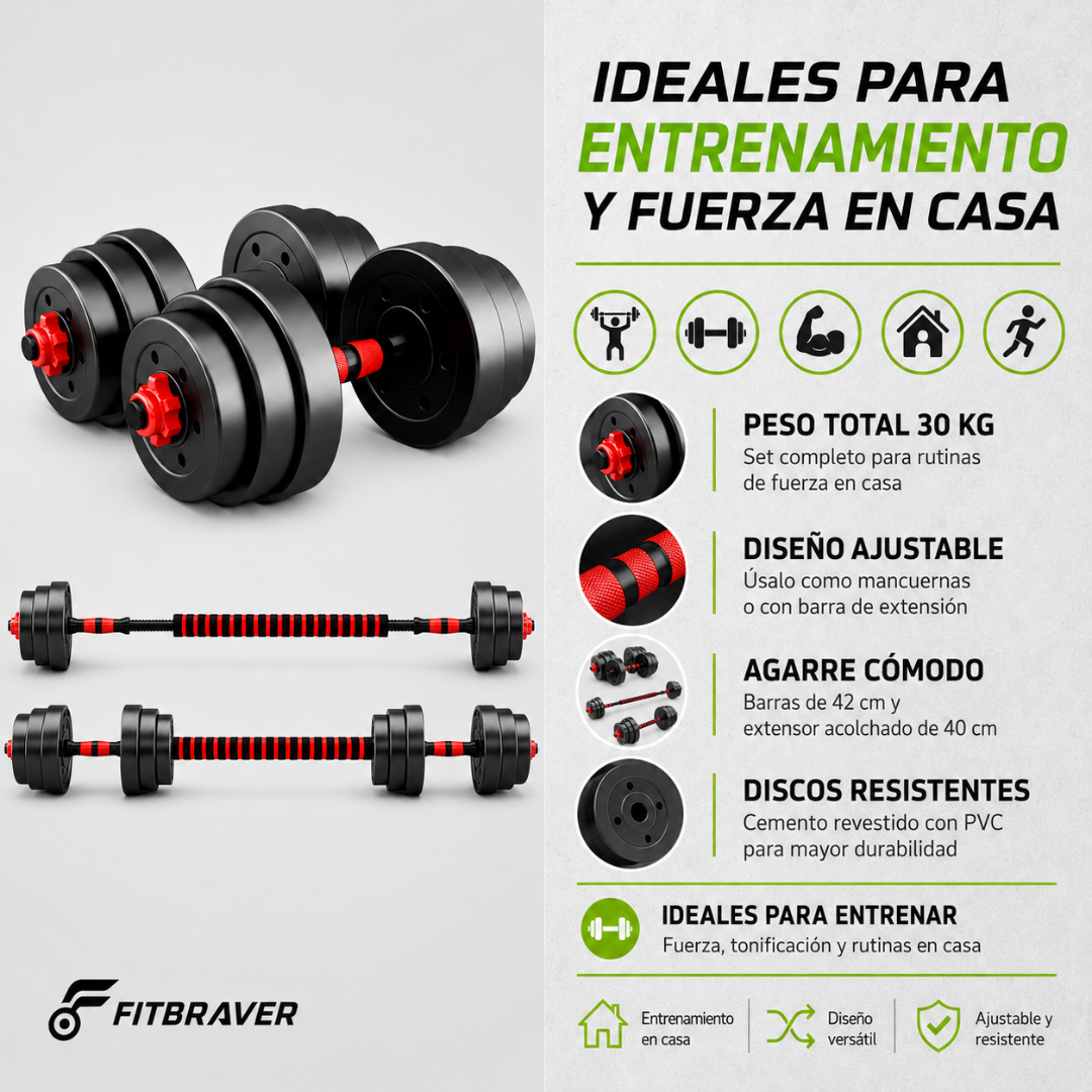 Set De Mancuernas Unibles De 30kg Con Barra De Extension. Color Negro