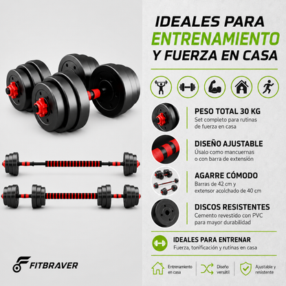 Set De Mancuernas Unibles De 30kg Con Barra De Extension. Color Negro