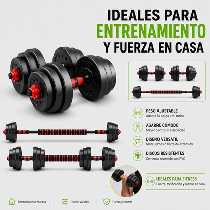 Set De Mancuernas Unibles De 30kg Con Barra De Extension. Color Negro