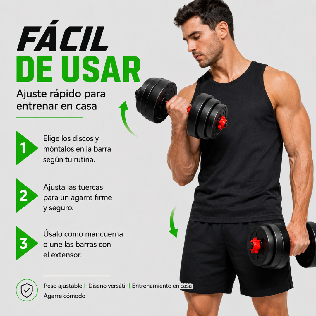Set De Mancuernas Unibles De 30kg Con Barra De Extension. Color Negro